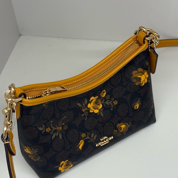 Coach Laurel Small Shoulder Bag Signature Canvas With Floral CCF17 Walnut/Yellow - Picture 8 of 11
